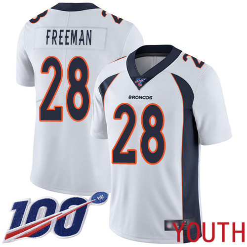 Youth Denver Broncos 28 Royce Freeman White Vapor Untouchable Limited Player 100th Season Football NFL Jersey